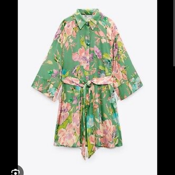 Zara Dresses & Skirts - Zara green satiny pink floral belted buttoned up mini dress